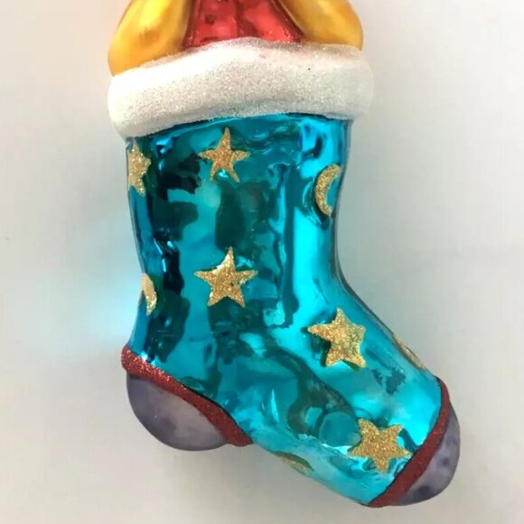 Rare Christopher Radko Disney WINNIE THE POOH Teal Blue Stocking Glass Ornament - Picture 7 of 9